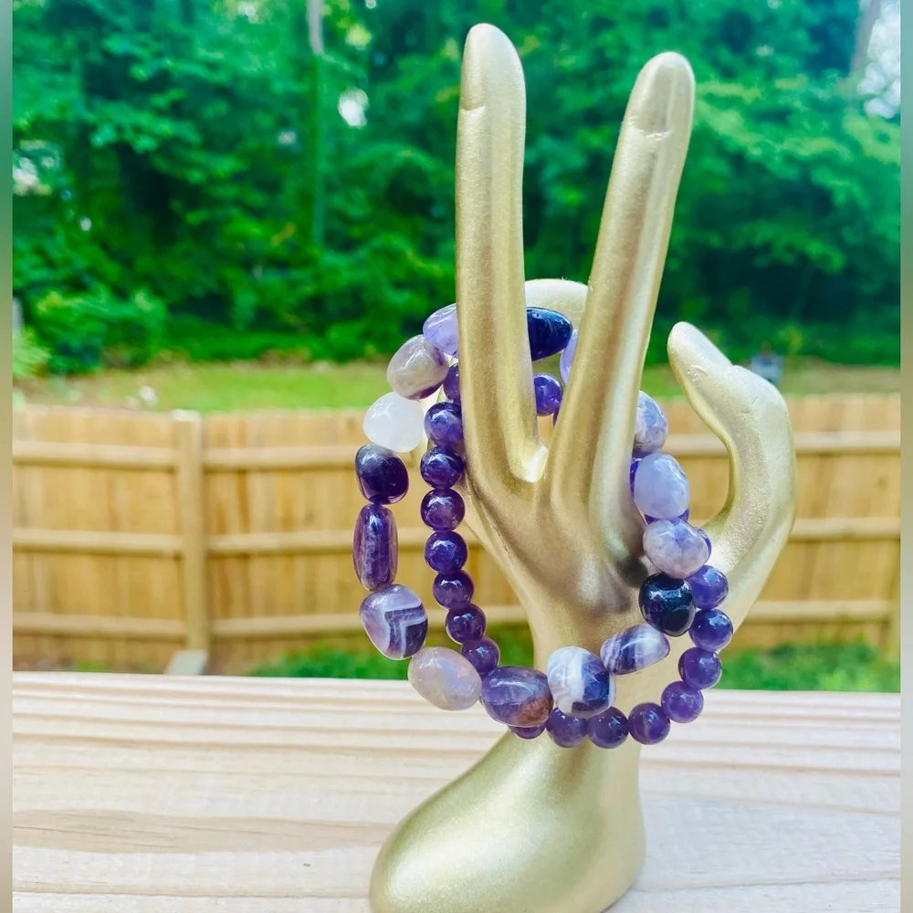 Purple Dream Amethyst Stone of Spirituality Nugget & Round Bead Bracelets 2pcs